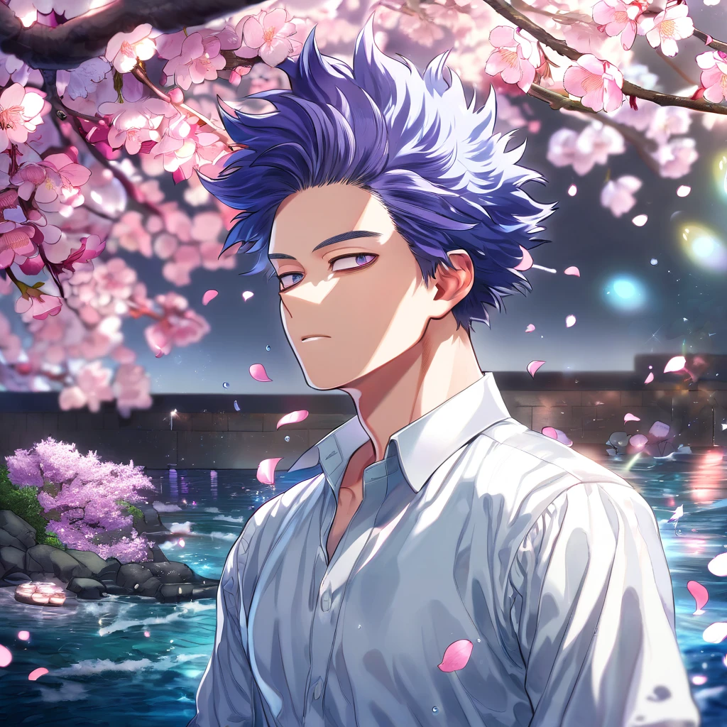 absurdres, highres, ultra detailed, HDR, master piece, Shinsou Hitoshi, messy indigo hair, no bangs, expressive purple eyes, Boku No Hero Academia, sexy man, handsome, best quality, blossoms, pink petals, pink flowers, water, fantasy, magical, blue shining fireflies, solo, white shirt,