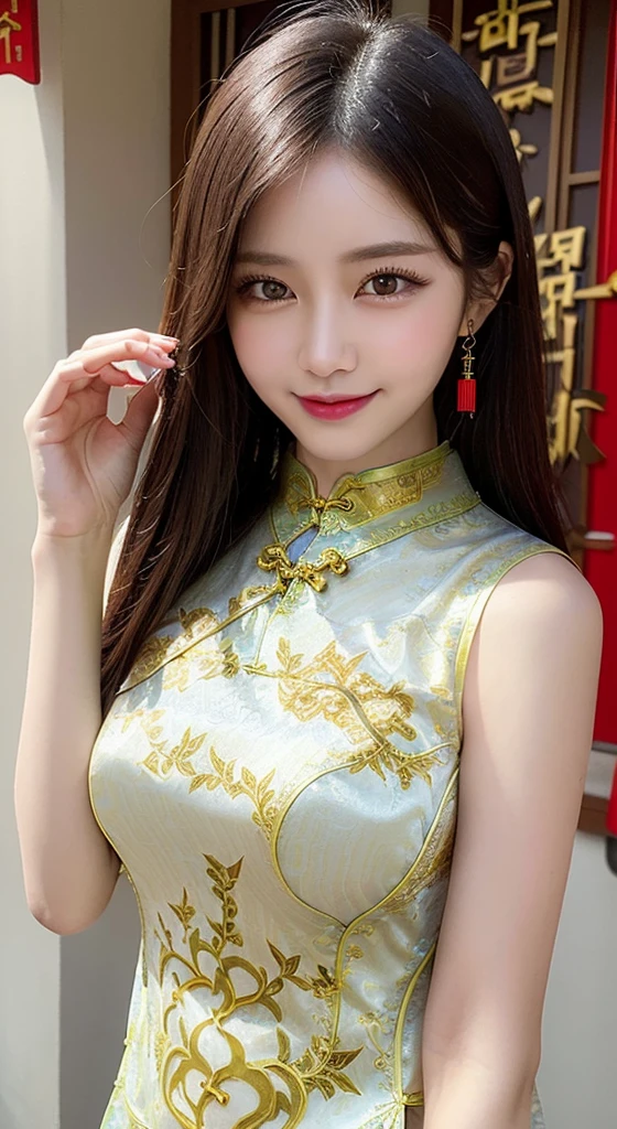 Body Portrait, 8k, Narrow and beautiful eyes, Dindal effect, masterpiece, 最high quality, high quality, High resolution, Highly detailed photos, (Natural skin texture, Fine skin, Hyperrealism, Ultra Sharpness), Skin with attention to detail, (Very fine, Fine skin texture, Intricate details, Beautiful Face, (Realistic Face), Realistic eyes, Beautiful and detailed eyes, Realistic Skin, Beautiful Skin, Surreal, Highly detailed golden ratio, Smiling Eyes, Body Portrait, G-Cup, Big Breasts, Huge breasts, Big Breasts, glamorous, ((Cheongsam:1.4)),