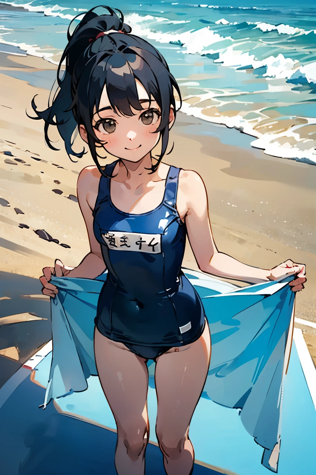 、In the best quality、Teenage girl standing on a sandy beach。In high resolution、Beautiful details、Quiet atmosphere。Black hair ponytail、Cute Smile.。Small 、Cute School 。