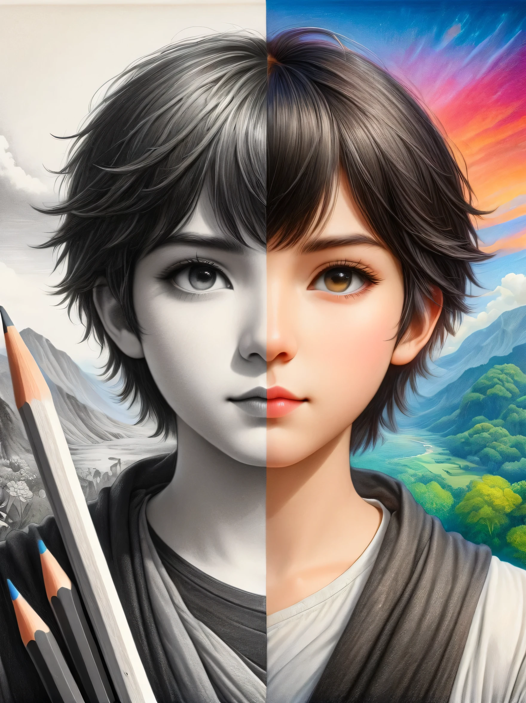 1hbgd1, (The left half of the face is a black and white pencil drawing of Soren, The right half is the colored pencil Ptolemy:1.25), excellent quality, Detailed background, The art of math, Double-edged sword, (The artwork should transition from a pencil drawing style in black and white on the left half to vibrant colors on the right half, Ensure a seamless integration between the two halves without any dividing line, The scene is identical on both sides, with the left side featuring detailed black and white pencil strokes and the right side filled with colors, creating a harmonious blend across the image)