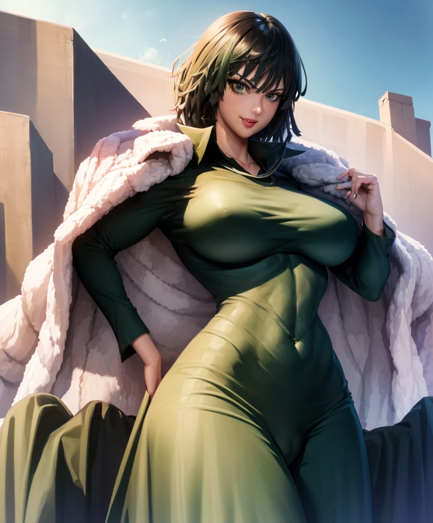 Fubuki, (green fur), [black fur], (Perfect eyes:1.3),green eyes, dress, long sleeves, jewelry, collar, green dress, (fur shelter:1.2), taut dress, tight clothing, Covered navel, shelter (realist:1.5), (venusbody), (giant breasts:1.4), (Wide hips:1.3), (thick thighs:1.4), (((Best Quality)), ((Masterpiece)), (mature woman), photorealist, photorealist face, cinematic light, (cutaneous denture:1), beautiful, female, (Perfect face:1.1), (Perfect eyes, detailed eyes), perfect hands, curves:1.5, narrow waist:1.2, large eyes), (1 girl:1.4, Alone, enfocarse Alone, ((sfw:1.3)), looking at the viewer, dynamic pose, seductive smile), City, Cityscape, horizon,