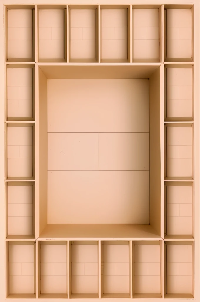 there is a Cardboard box picture of a square cardboard box shelf with a square design, inside a frame on a tiled wall, inspired by Rachel Whiteread, in a cardboard box. top down photo, top - view, layout frame, simple ceiling, rectangular piece of art, set photo, by Rachel Whiteread, inside its box, all inside frame, with everything in its place