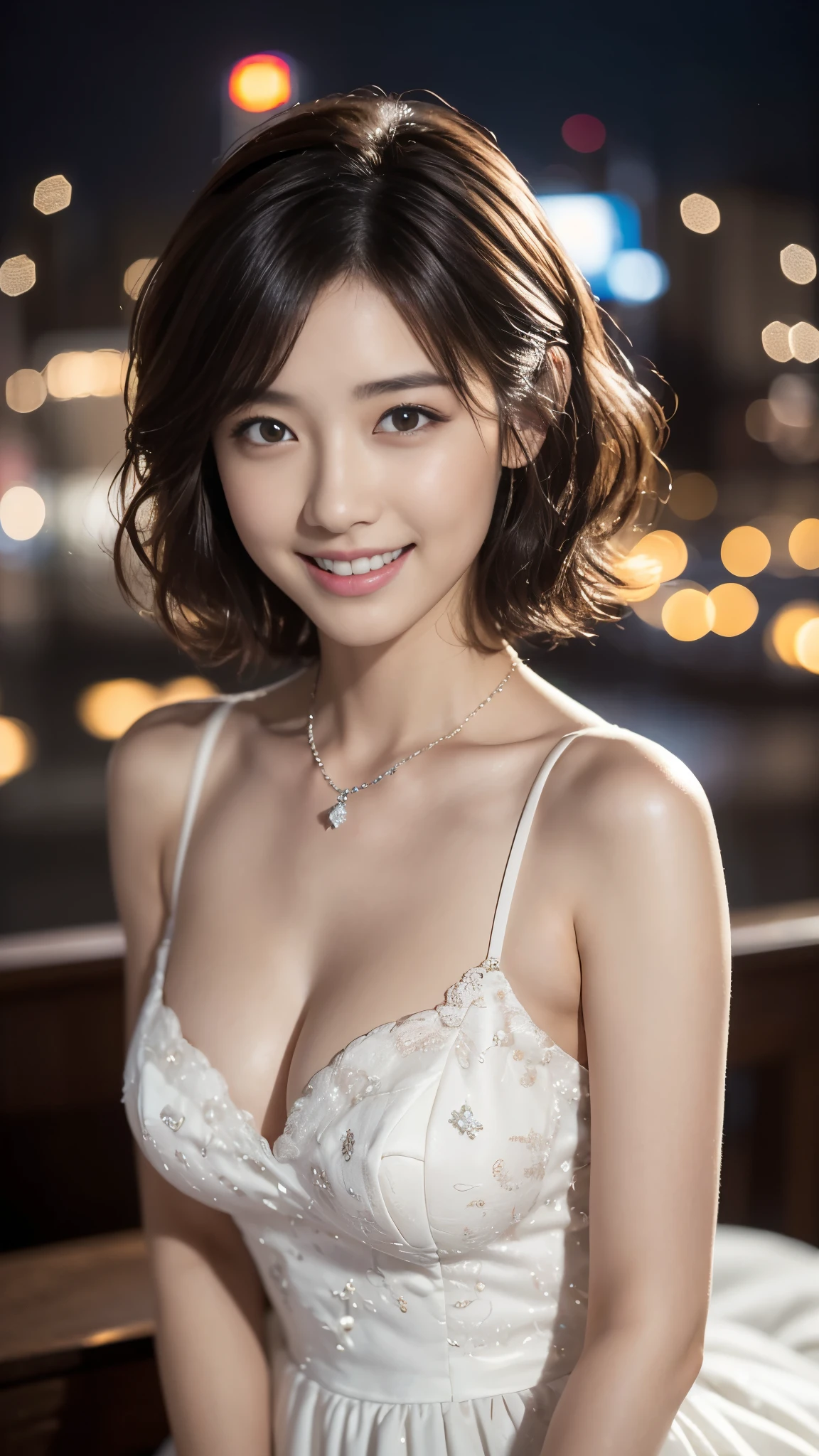 (Highest quality、8K、32k、masterpiece:1.2)、Cute Japanese women photo edium breasts、(Wolf Cut)、(semi-long dark brown hair),Full Body Shot、Surface Focus、((White Wedding Dress))、necklace、From above、Looking at the audience, I see a very delicate face., Skin and Hair,Muscular,thin,High Style,High resolution、Urban Background、Kind eyes、((Dynamic Shadows))((New York night view、Blur the background、))、smile、short hair、Curly Hair、Tabletop、Close-up of face、