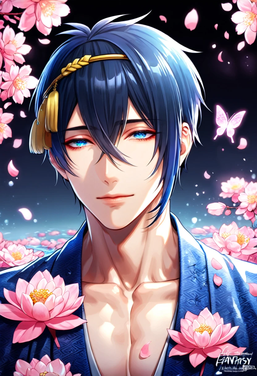 absurdres, highres, ultra detailed, HDR, master piece, best quality, Mikazuki Munechika, dark blue hair, expressive blue eyes, Touken Ranbu, solo, sexy man, handsome, dark blue kimono, fantasy, shining, water, pink flowers, pink blossoms, pink butterflies, pink petals