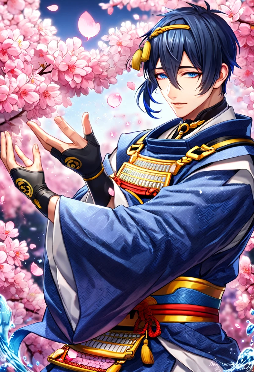 absurdres, highres, ultra detailed, HDR, master piece, best quality, Mikazuki Munechika, dark blue hair, expressive blue eyes, Touken Ranbu, solo, sexy man, handsome, dark blue kimono, fantasy, shining, water, pink flowers, pink blossoms, pink butterflies, pink petals