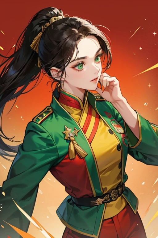 SHe has dark hair tied back into a ponytail, and is often shown wearing a deep green Chinese military uniform with a red armband She wears a green mandarin jacket with yellow pants, or a red one with white pants . SPARKLE; GLITTER