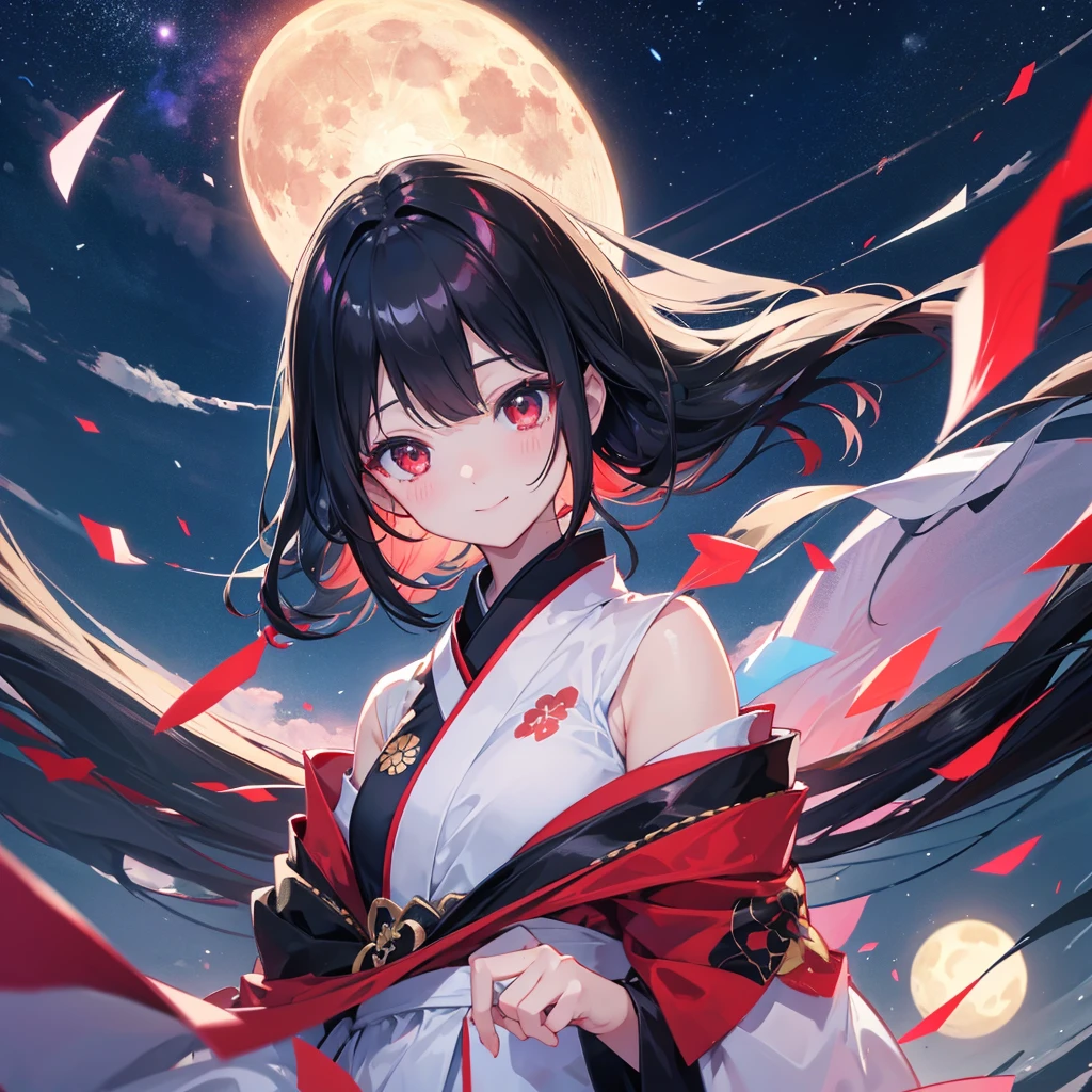 One personの女の子、One person、Red eyes、Black-haired、Three-color kimono、 years old only、night、moon、 Surreal, 8K, Very detailed, With the highest quality,Cute Smile、Surreal, 8K, Very detailed, With the highest quality,Crystal clear luster、Shining Star、Cosmos、nightの風景、blush one's cheeks、background