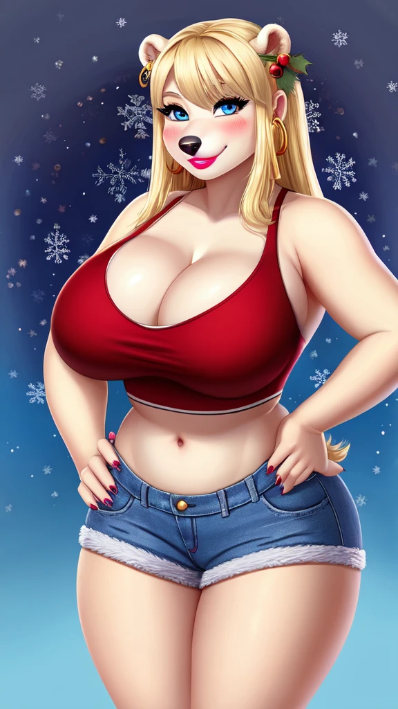 Blonde polar bear woman, wearing a Christmas crop top and jean shorts, perfect face, blue eyes, big breasts, cleavage, three-quarter view, solo, smile, perfect detailed body, pink lipstick, gold earring, hand on hips, blushing