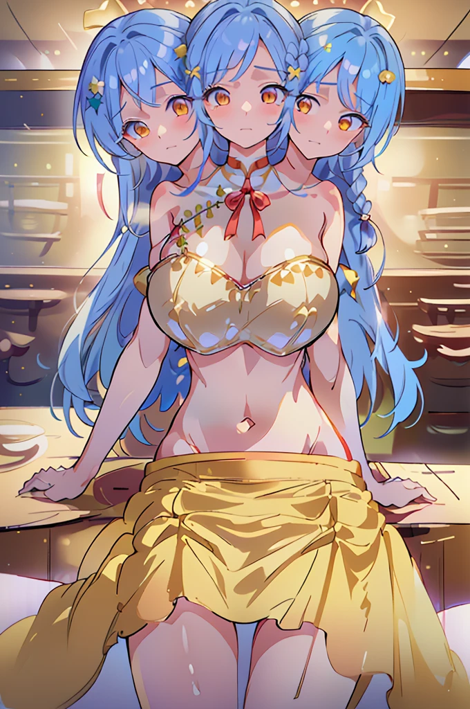 (masterpiece, best quality),best quality, (ultra-detailed), (3heads:1.5), 1girl, (label girl (dipp):1.3), masterpiece, ultra quality, ultra resolution, ultra detail, white top, crop top, ((stomach)), midriff, ((groin)), red skirt, normal ears, shackles, blue hair, very long hair, wavy hair, sidelocks, yellow eyes, detailed eyes, parted lips, open belly, sweat, cute, toned belly, hand on own chest, eyelashes, (22 year old woman:1.3), (masterpiece:1.5), (best quality:1.5), (beautiful detailed extremely detailed CG, extremely delicate and beautiful, depth of field, (finely detailed face), (perfect details:1.2), (mature female:1.3), wide pelvis, slender, large veiny breast, 16k resolution, highres, high quality, high definition, extremely detailed, masterpiece, best quality, blue hair, long hair, alluring presence, braid, short skirt, close up, very big tits, very huge tits, young, star hair ornament, yellow ribbon, side ponytail, cabbie hat, hair ornament,