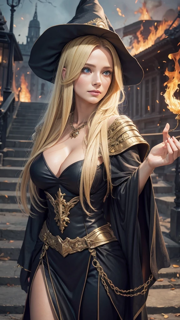 Masterpiece, best quality, (beautiful face: 1.1), (realistic: 1.5) (blonde witch, marischa becker, 30 years old woman, fire magic: 1.3), upper body