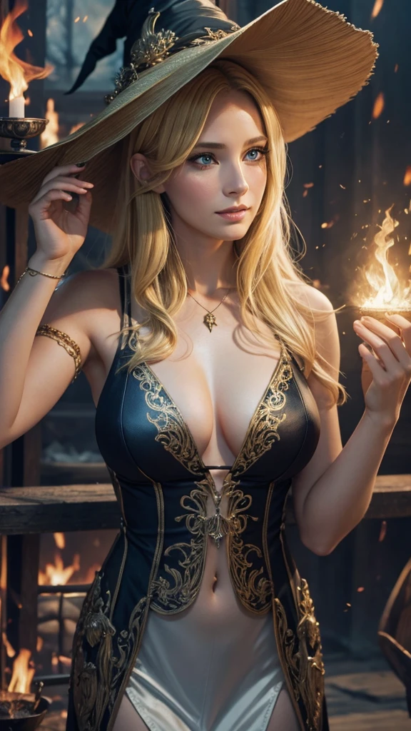 Masterpiece, best quality, (beautiful face: 1.1), (realistic: 1.5) (blonde witch, marischa becker, 30 years old woman, fire magic: 1.3), upper body