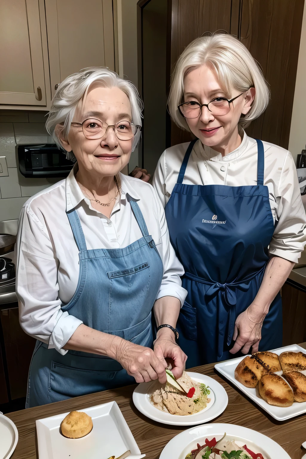 a single elderly woman with white hair wearing glasses and a cooking apron serving the rectangular table full of food where her family is sitting and eating, the family is made up of a father, a mother and their son or daughter and a grandmother who takes care of the elderly woman mentioned previously, the image is a happy scene and a family reunion.