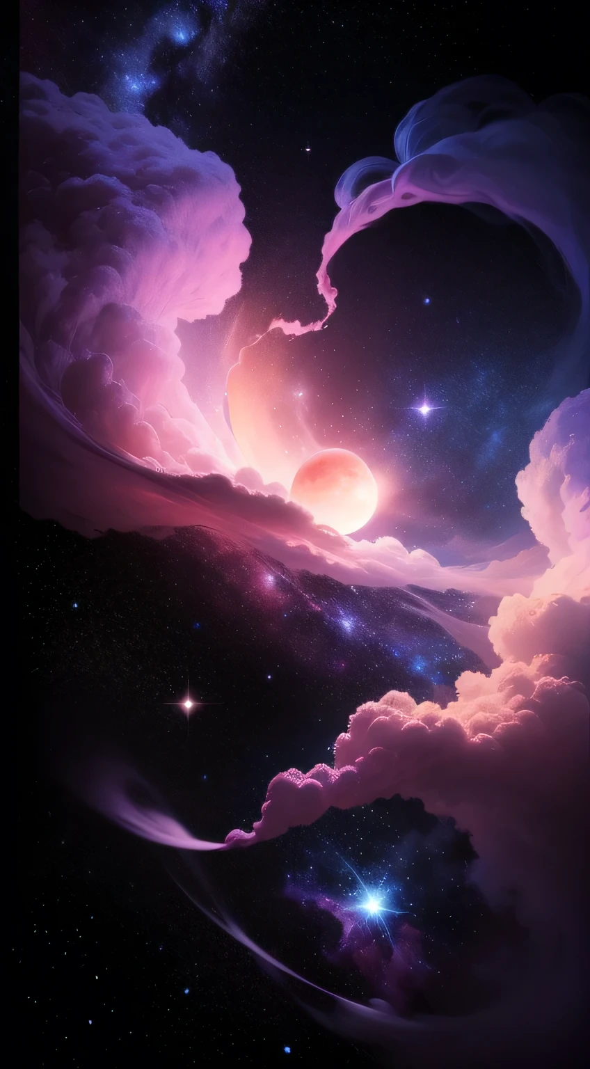much star, deep galaxy, smoke, 4k, colorful, 1 pink moon