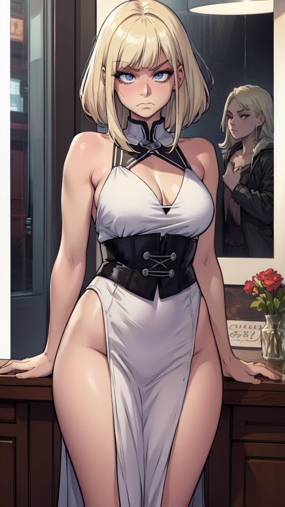A girl, scowl, serious face, platinum_blond, bangss, hypdertailed, offwhite_chemise_sleeveless, へそ, portraite