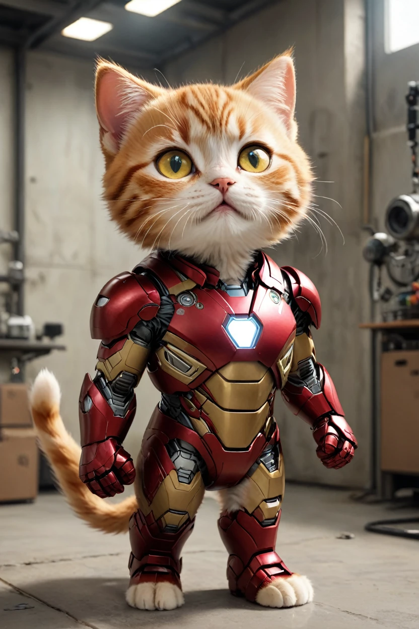 small, There are no humans in this world、The world of anthropomorphized cats、Creating Iron Man in the development lab、かわいいbornき物全身, Costumes,、 Fantasy art, Exquisite detail, An anthropomorphic, fat, furry tabby kitten with yellow eyes, Movie Scenes, Dramatic shot angles, , Realistic, born々Amazing cinematic photorealism, Action Portrait, 8K, detailed, Full Frame