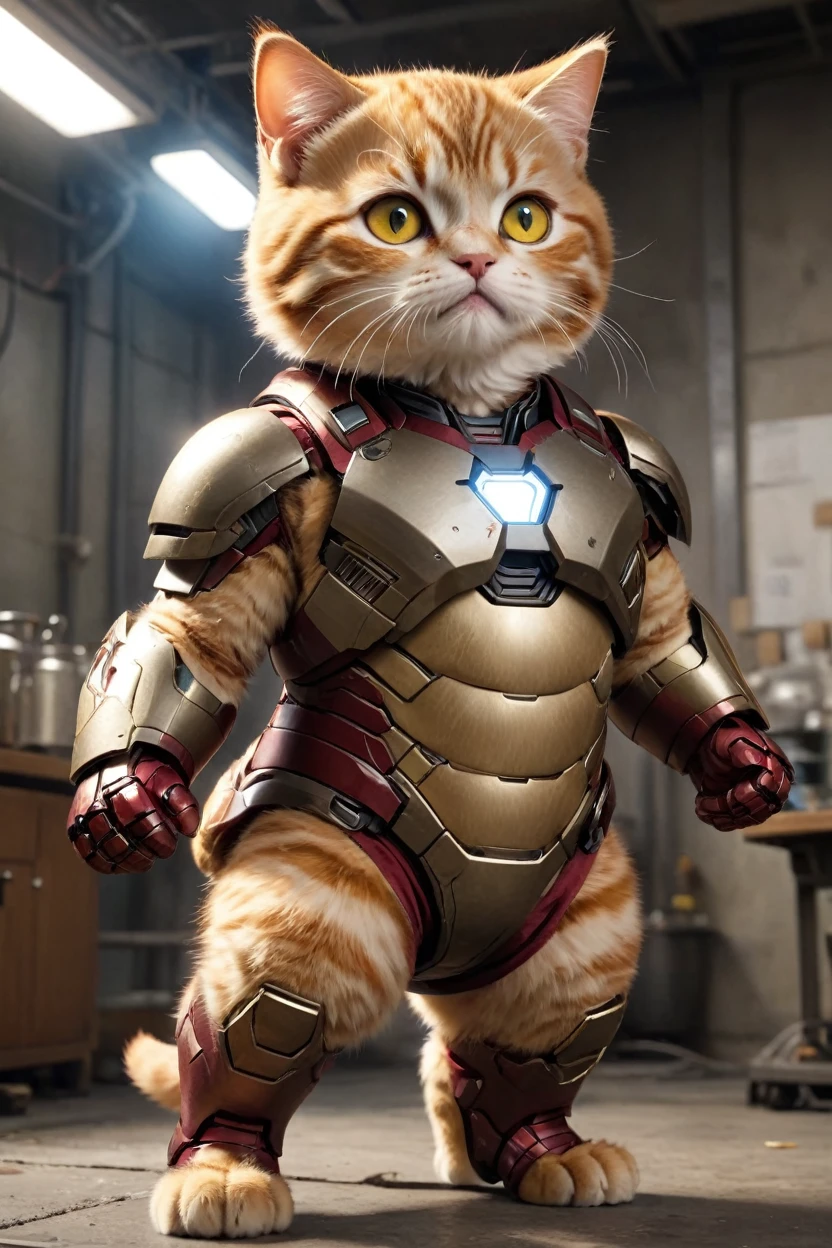small, There are no humans in this world、The world of anthropomorphized cats、Creating Iron Man in the development lab、かわいいbornき物全身, Costumes,、 Fantasy art, Exquisite detail, An anthropomorphic, fat, furry tabby kitten with yellow eyes, Movie Scenes, Dramatic shot angles, , Realistic, born々Amazing cinematic photorealism, Action Portrait, 8K, detailed, Full Frame