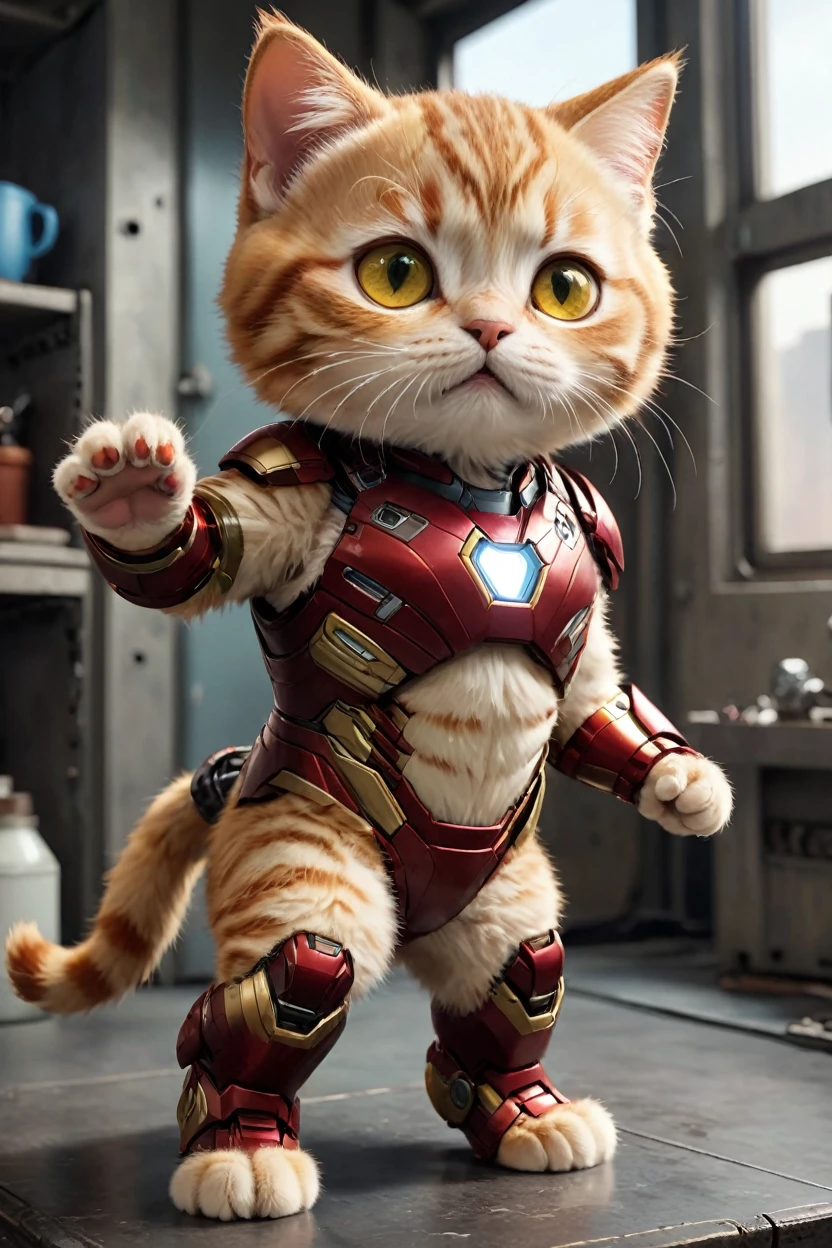 small, There are no humans in this world、The world of anthropomorphized cats、Creating Iron Man in the development lab、かわいいbornき物全身, Costumes,、 Fantasy art, Exquisite detail, An anthropomorphic, fat, furry tabby kitten with yellow eyes, Movie Scenes, Dramatic shot angles, , Realistic, born々Amazing cinematic photorealism, Action Portrait, 8K, detailed, Full Frame