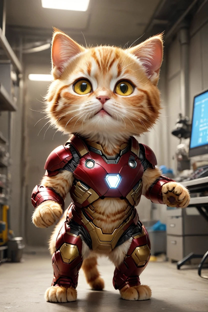 small, There are no humans in this world、The world of anthropomorphized cats、Creating Iron Man in the development lab、かわいいbornき物全身, Costumes,、 Fantasy art, Exquisite detail, An anthropomorphic, fat, furry tabby kitten with yellow eyes, Movie Scenes, Dramatic shot angles, , Realistic, born々Amazing cinematic photorealism, Action Portrait, 8K, detailed, Full Frame