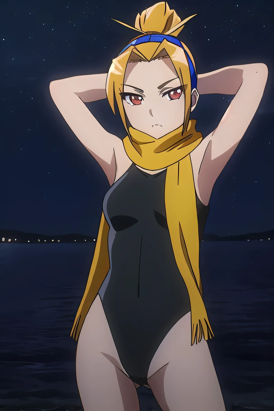 tia, 1girl, solo, long_hair, looking_at_viewer, short_hair, bangs, blonde_hair, red_eyes, bare_shoulders, ponytail, hairband, scarf, leotard, headband, frown, yellow_scarf, high quality, solo, 1girl, night sky, beach, arms behind head, (contrapposto), closed mouth, spread armpits, (cowboy shot:1.5), looking at viewer, expressionless, best quality,