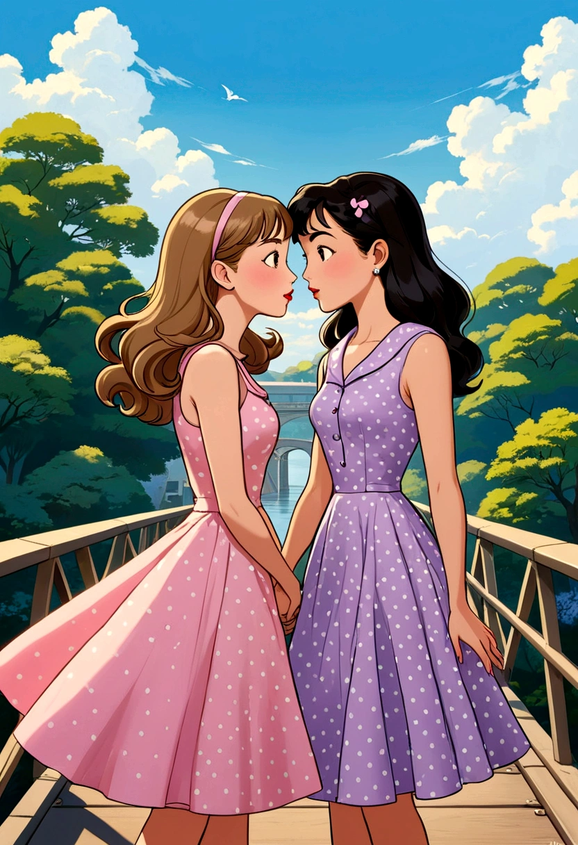 Name "The Loyal Pin (Sarocha Chankimha & Rebecca Armstrong)" in an elegant and dynamic font written in 3D. A captivating and tender anime-style illustration of two women, in love, standing on a beautiful bridge, facing each other. The first woman is a beautiful young woman with British features (Anin), semi-long light brown hair held on one side by a delicate barrette, and she wears a 50s-style sleeveless dress in lilac with small white polka dots and low heels. . She is about to mischievously kiss the second woman, a beautiful young woman with Asian features (Pin), long dark hair who is dressed in a 50s-style sleeveless pastel pink dress and low-heeled shoes. She seems surprised and shy about the kiss they are about to give her.