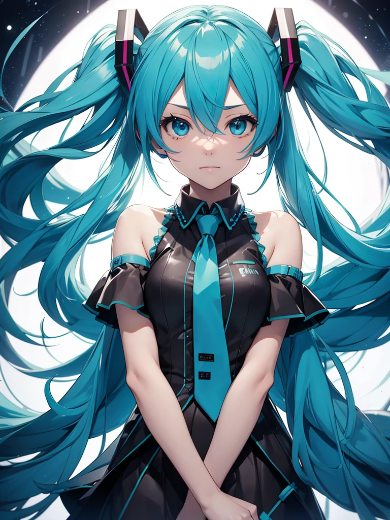 Hatsune Miku, blue hair, orange eyes, fighthing, magic