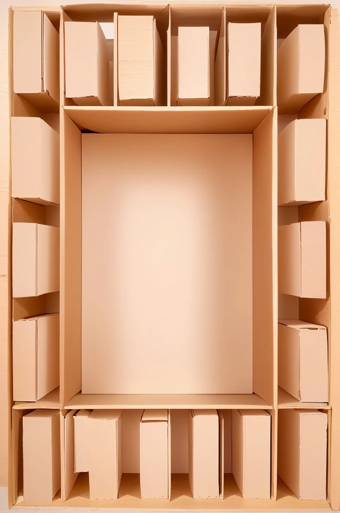 there is a Cardboard box picture of a square cardboard box shelf with a square design, inside a frame on a tiled wall, inspired by Rachel Whiteread, in a cardboard box. top down photo, top - view, layout frame, simple ceiling, rectangular piece of art, set photo, by Rachel Whiteread, inside its box, all inside frame, with everything in its place