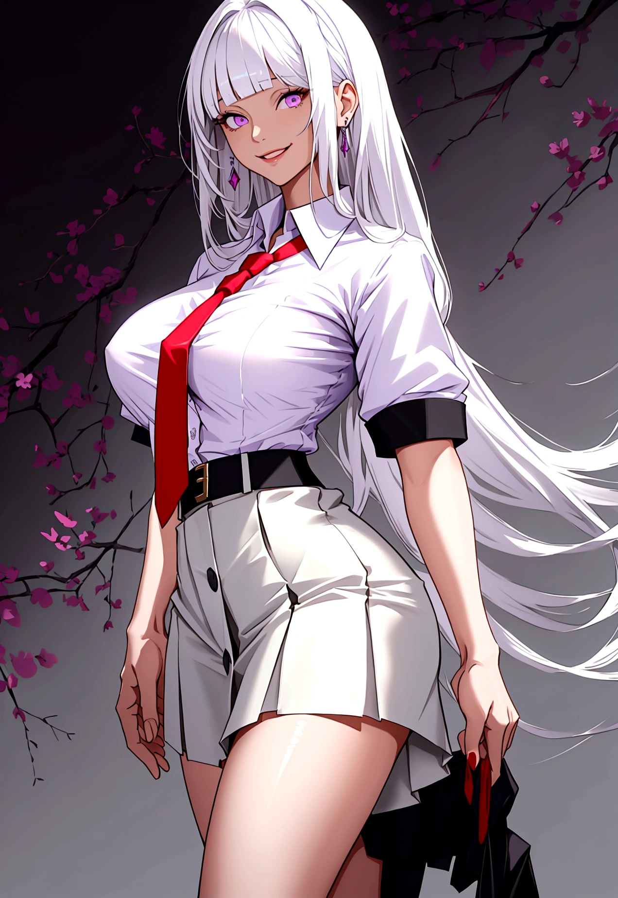 (Masterpiece, highest quality, ultra detailed), pretty young woman, purple eyes, white hair, flowing hair, blunt bangs, bright smile, slim body, large breasts, white button up shirt, short sleeves, red tie, short skirt, black skirt, high socks