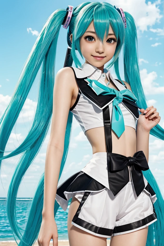 Big breasts Hatsune Miku,extremelydetailedface,Blue-green hair with double ponytail,校服,Sailor collar,Blue sky,partial underwater shot,Get wet,Pantyhose