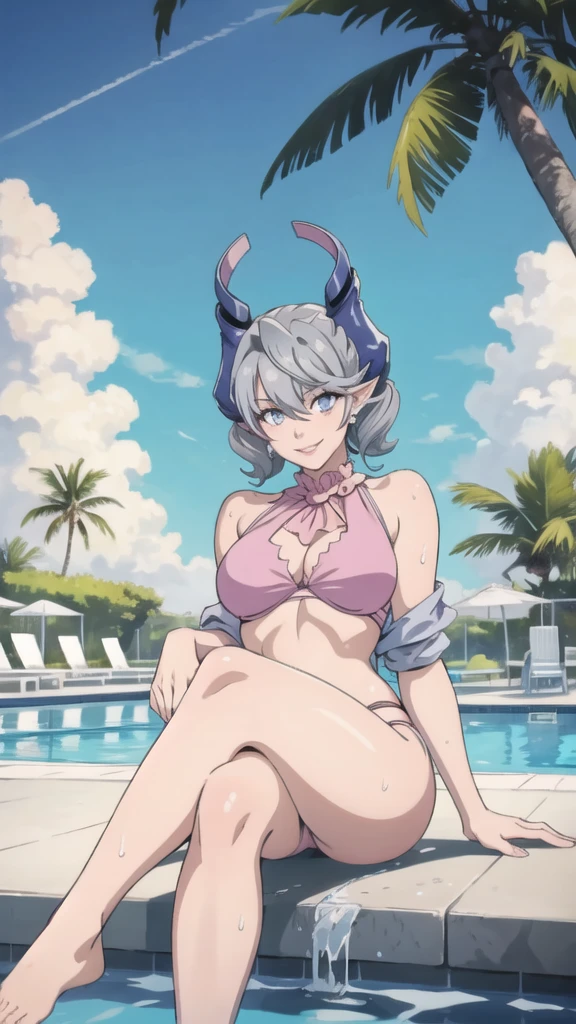 　High level image quality　best image quality　8K　 adult woman    pool party  rain　palm trees  more colors   whole body view　portrait　 bikini   　horn    ears  　short hair（（shortcut）（gray hair）（perm）（fluffy））　eye color is blue ,  , 　attractive evil face , smile   ,  sexy pose   ,  labrynth ,  barearm    , wearing pink shirt    , sitting on person by the pool , crossed legs  , all wet , view foot arc