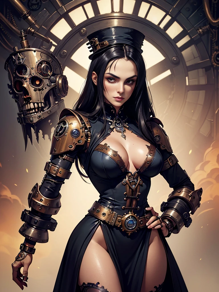 foto de Keira Knightley, cru, Beautiful woman, ((portraite)), ((detailded face:1.2)), ((detailded  feature, detailded skin, clean skin), (perfectly proportioned body), ((wearing a revealing steampunk dress from American McGee's Alice in Wonderland)), (high detailded giant mystical forest), (photo realist, best qualityer, detailded), (8 k wallpaper), (cinematic lighting, dramatic lighting) (sharp focus, intricate)