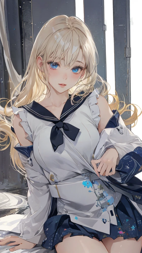 Highest quality、Realistic touch,High definition、Photorealistic、、long body、Delicate body、Skirt too short、Big eyes、Big breasts that will tear your clothes、強いPlatinum Blondeのまつげ、Platinum Blonde、Beauty、Sexy、Esbian all over、Sparkling eyes、Blushed、Look at me、Watery eye、Kamimei、Small waist、No sleeve、Voluptuous thighs、shiny rubber material、Sailor suit、Not wearing pants、Hands tied