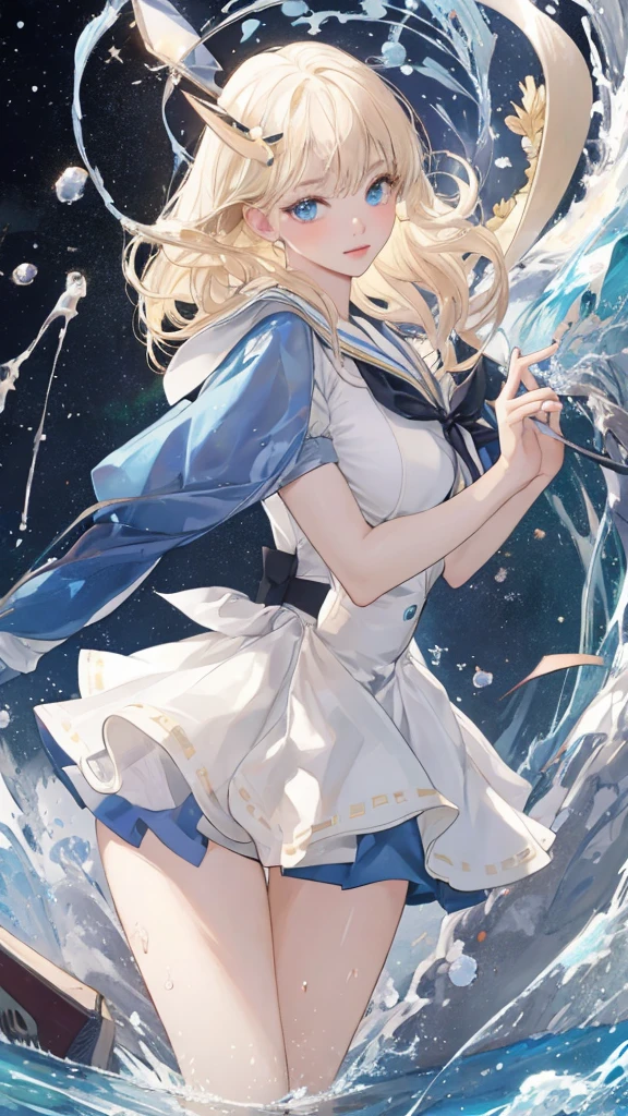 Highest quality、Realistic touch,High definition、Photorealistic、、long body、Delicate body、Skirt too short、Big eyes、Big breasts that will tear your clothes、強いPlatinum Blondeのまつげ、Platinum Blonde、Beauty、Sexy、Esbian all over、Sparkling eyes、Blushed、Look at me、Watery eye、Kamimei、Small waist、No sleeve、Voluptuous thighs、shiny rubber material、Sailor suit、Not wearing pants、Hands tied