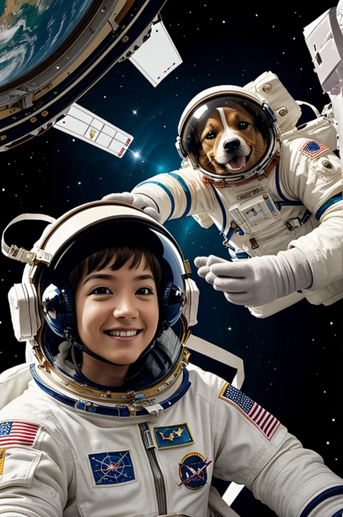 An astronaut in space petting a puppy that the image has a lot of colorful design