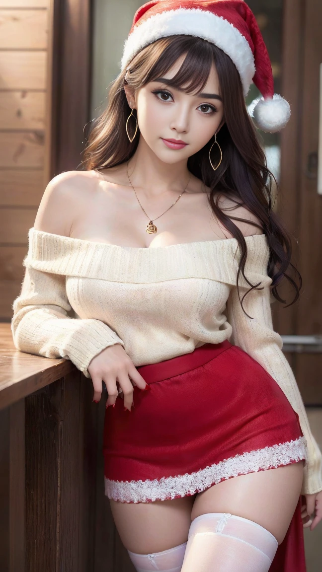 ((masutepiece, Best Quality, hight resolution, nffsw, Perfect Pixel, 4K, nffsw, nffsw))), 1girl in, Single, solo, Beautie、full body seen、 ((Medium length wavy hair, bangs, Brown hair)), ((Brown-eyed, Beautiful eyelashes, Realistic eyes)), ((Detailed face, Blushing:1.2)), ((Smooth texture:0.75, Realistic texture:0.65, Photorealistic:1.1, Anime CG style)), medium breasts, Dynamic Angle, Perfect body, ((Santa Claus Costume、 red and white knit hat、Red off-the-shoulder sweater、red and white long flared skirt、 Black stockings、high-heels)), Kamimei、a necklace、earrings、Classrooms without people、Sit on a desk、Lower'I took my foot off the desk.......................................、early evening、、、Very embarrassing panic smile、(((Lift the skirt with your right hand、rubbing the chest with the left hand、Open both legs、Open your knees wide)))、(Pink floral lace panties)、、、Angle from below