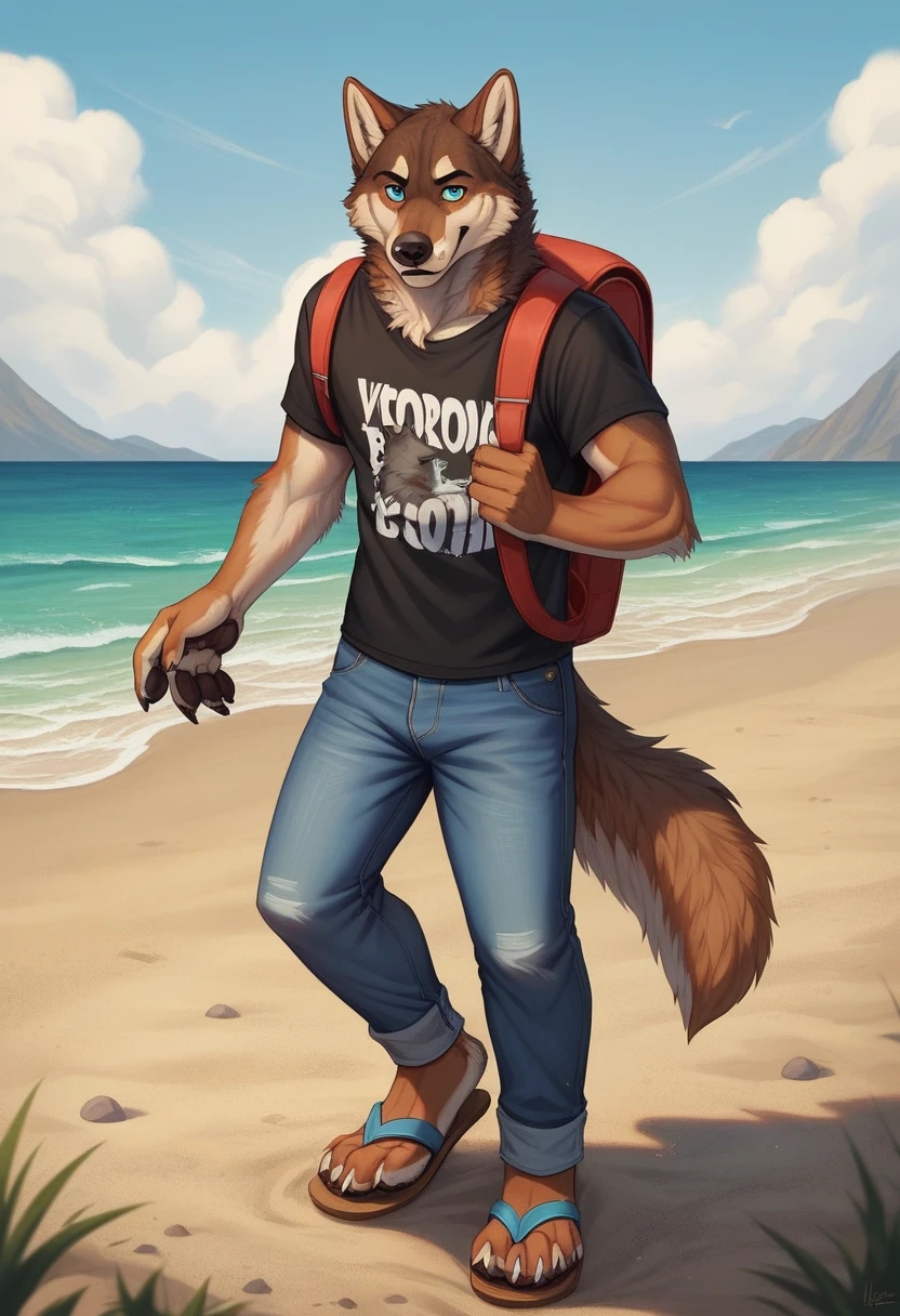 Larry (Zveropolis), wolf, gray fur, (brown body:1.3), Blue eyes, Zveropolis, dressed,t-shirt,jeans,sandals на каблуке,canine, wolf, Detailed fur, male, antro, paw pads, finger claws,holding a backpack,at viewer, 5 fingers, paws, 4 toes,coming,Sea, sand, close to the camera, sandals, 
BREAK from nextel, for dating, by xenoforge, (difficult, high detail, film photography, soft focus, RAW, close to the camera, good mood smile positive, 
Photorealism, realistic, photorealistic,digital style, Subsurface scattering,
masterpiece, Best quality, ultra realistic, 8 k)