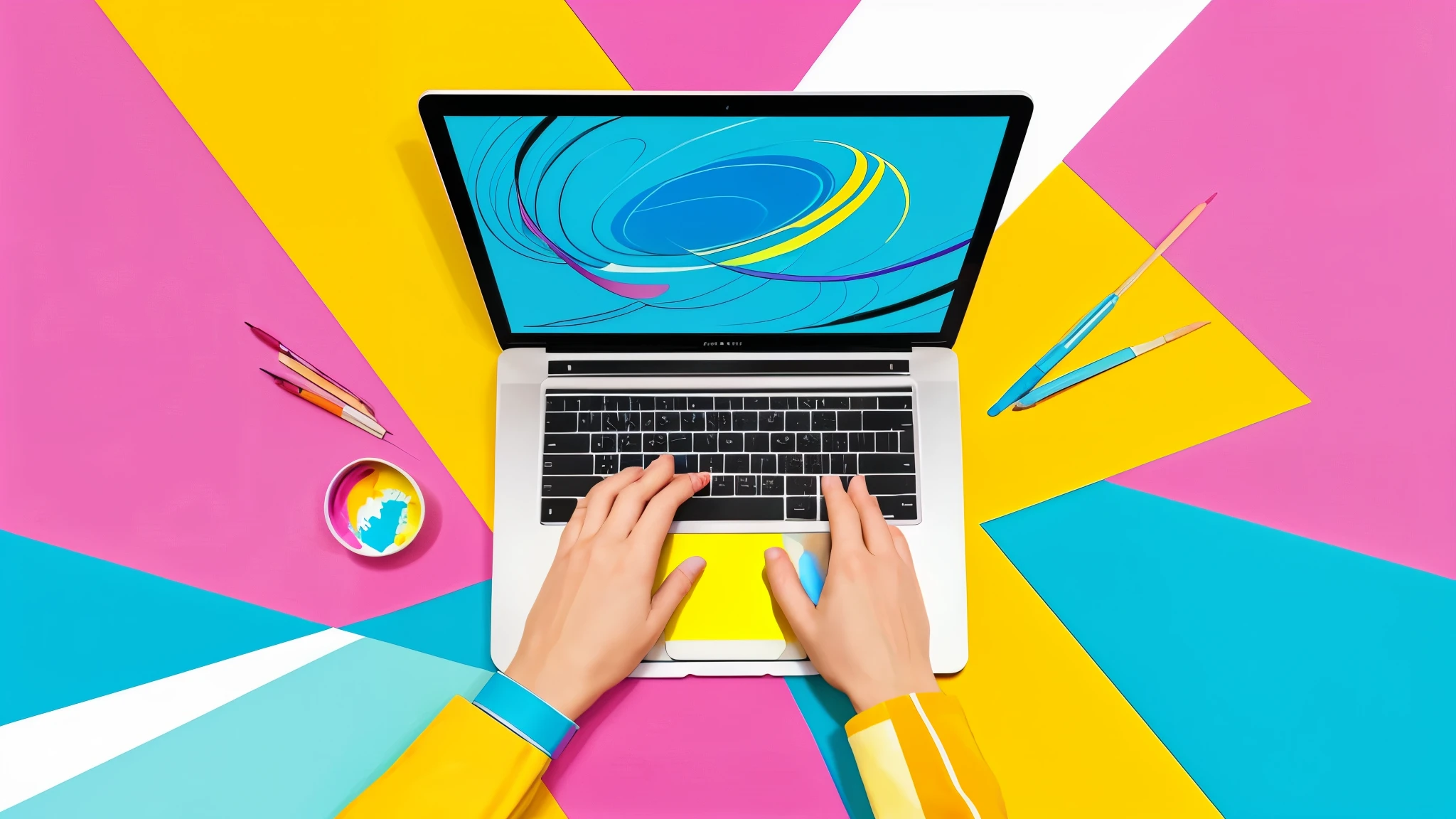 A person typing on a laptop keyboard with colorful, abstract paint strokes and sketches emerging from the screen. The image is dynamic and creative, with bright splashes of color such as pink, blue, green, and yellow blending with hand-drawn lines and doodles. The background is minimalistic, allowing the focus to remain on the hands typing and the vibrant, artistic display coming from the laptop. The scene should capture the essence of creativity, innovation, and digital artistry.