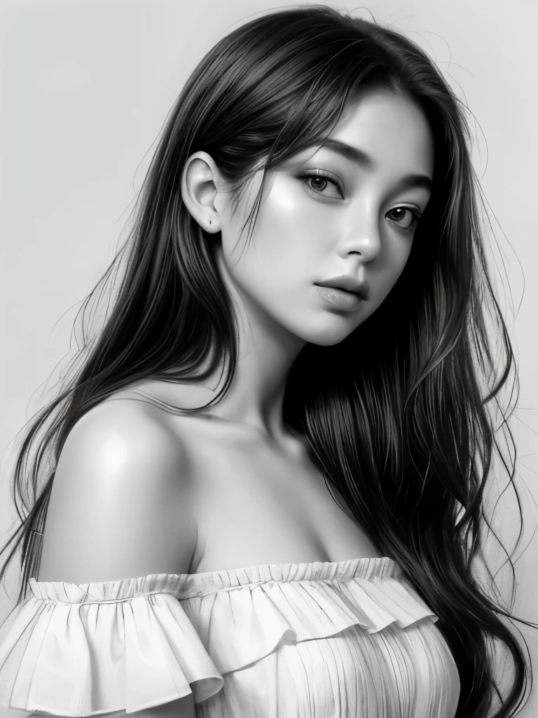 hanfeng, 1girl, greyscale, solo, monochrome, long hair, looking at viewer, parted lips, realistic, lips, bare shoulders, off shoulder, nose, simple background, white background,
best quality,high resolution,photo_\(medium\),photorealistic,realistic,finely detail,extremely detailed, 