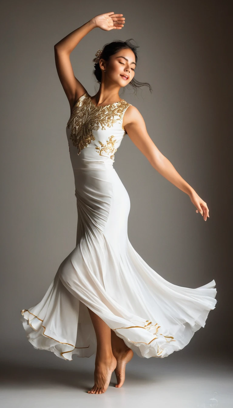 The image captures a moment of pure elegance and grace. O sujeito, uma jovem mulher, is in the middle of a dance, your body positioned in a dynamic pose that suggests movement and energy. She is adorned in a white dress, its golden details adding a touch of sophistication. O vestido, with your flowing skirt, It's a testament to the fluidity of your dance.
His arms are raised, mirroring the upward movement of your dance, and his eyes are closed, indicating a moment of intense concentration or perhaps a moment of pure joy. Sunlight coming in from the side casts a warm glow on her, highlighting your features and adding depth to the image.
O fundo contrasta fortemente com o assunto, com suas cores escuras e suaves, allowing the viewer's attention to remain focused on the woman and her dance. The overall composition of the image, with its careful balance of light and shadow, cor e contraste, creates a visually stunning scene that captures the essence of grace and beauty in motion.