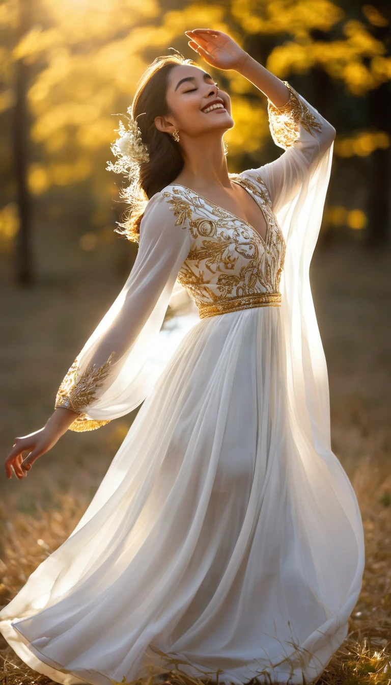 The image captures a moment of pure elegance and grace. O sujeito, uma jovem mulher, is in the middle of a dance, your body positioned in a dynamic pose that suggests movement and energy. She is adorned in a white dress, its golden details adding a touch of sophistication. O vestido, with your flowing skirt, It&#39;s a testament to the fluidity of your dance.

His arms are raised, mirroring the upward movement of your dance, and his eyes are closed, indicating a moment of intense concentration or perhaps a moment of pure joy. Sunlight coming in from the side casts a warm glow on her, highlighting your features and adding depth to the image.

O fundo contrasta fortemente com o assunto, com suas cores escuras e suaves, allowing the viewer&#39;s attention to remain focused on the woman and her dance. The overall composition of the image, with its careful balance of light and shadow, cor e contraste, creates a visually stunning scene that captures the essence of grace and beauty in motion.