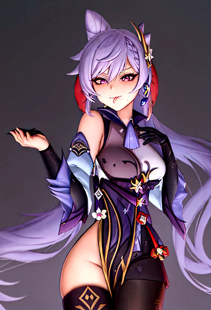 ((keqing from genshin impact)), long purple hair, big purple eyes, light blue metallic bikini, pinup style, sexy, submissive, minimalist, ((pov)), ((realistic)), ((licking lips)), minimalist, lonely, monochromatic color palette, soft lighting, ((submissive)), perfect tits, thin, ((solid black background)), ((looking at viewer)),