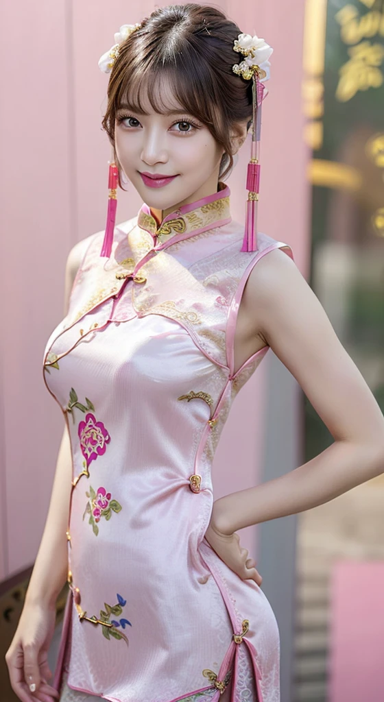 Body Portrait, 8k, Narrow and beautiful eyes, Dindal effect, masterpiece, 最high quality, high quality, High resolution, Highly detailed photos, (Natural skin texture, Fine skin, Hyperrealism, Ultra Sharpness), Skin with attention to detail, (Very fine, Fine skin texture, Intricate details, Beautiful Face, (Realistic Face), Realistic eyes, Beautiful and detailed eyes, Realistic Skin, Beautiful Skin, Surreal, Highly detailed golden ratio, Smiling Eyes, Body Portrait, G-Cup, , Huge breasts, Bits, glamok Cheongsam:1.4)),
