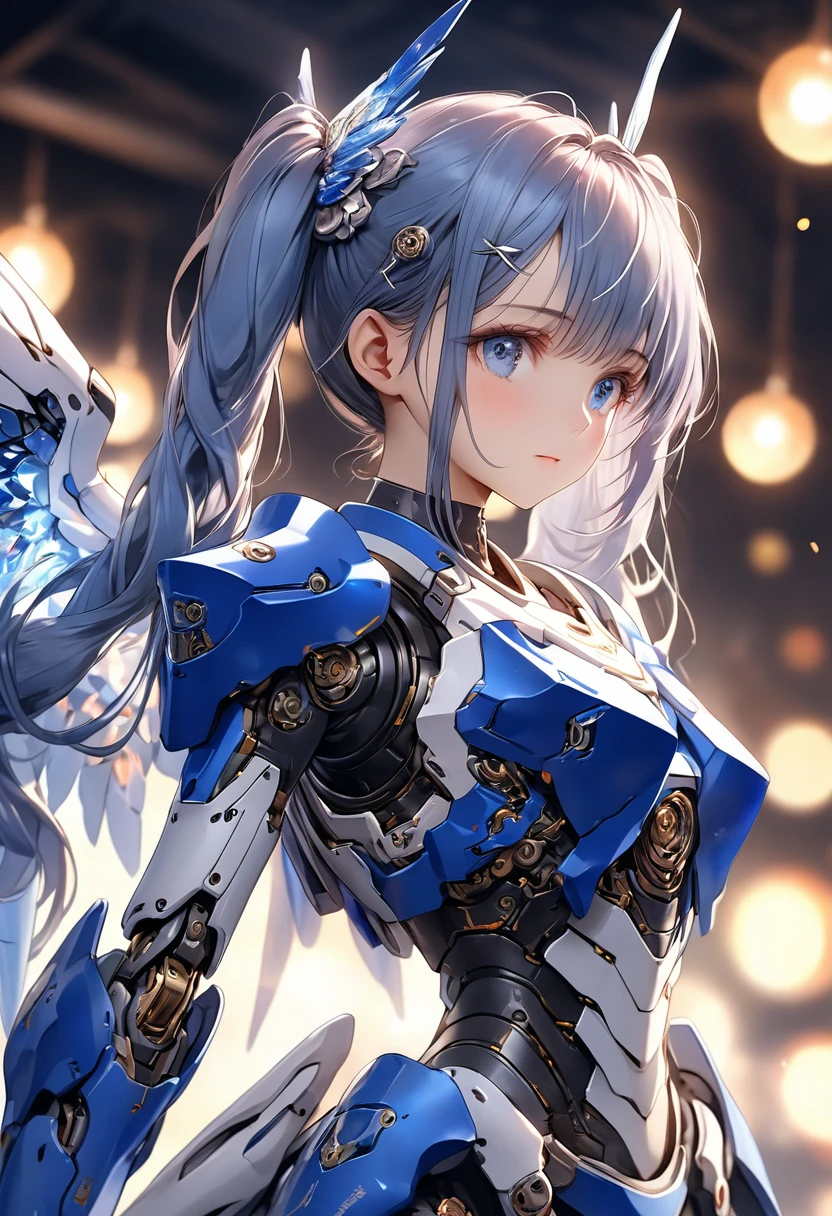 a high quality, high definition, high precision 4k, 8k image of 1 robot girl flying in the sky with a spear, beautiful detailed blue hair in twin tails, wearing a blue and white robot-style barrette, beautiful detailed blue eyes, wearing blue and white robot armor, mecha wings on the back of the armor, the legs equipped with equipment and verniers for flying, the spear has blue and white mechanical details and a large spear tip, the background of the sky where the sun shines, flying energetically in the sky with a powerful pose, blue flames erupting from the leg verniers, a far shot from behind diagonally with the girl facing the direction of travel, ultra-detailed girl's hair texture, luster, skin beauty, the texture and luster of the body armor mechanism,   HDR, UHD, studio lighting, ultra-fine painting, sharp focus, physically-based rendering, extreme detail description, professional, vivid colors, bokeh