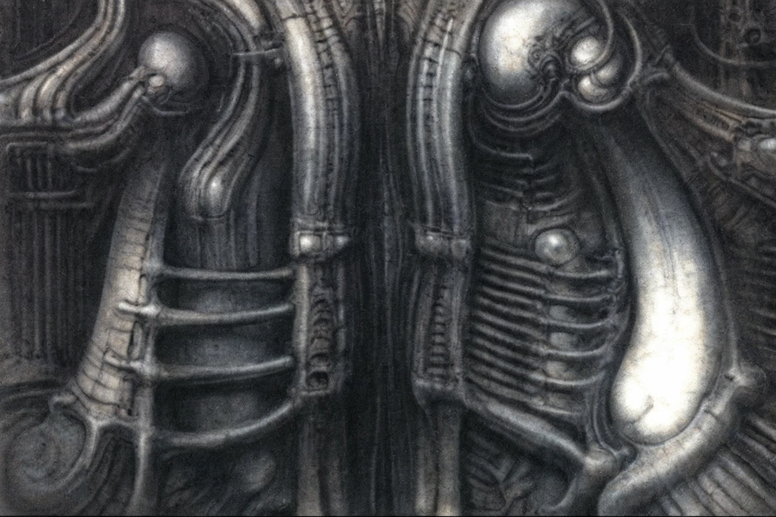 Giger_style, The image is a detailed view of H.R. Giger's Tableau \" Biomechanical Landscape No 312 \" plate.
 The image is a  photograph of a complex, abstract bone and ivory structure that resembles pipes and wires. The structure is composed of numerous pipes and wires intertwining and overlapping each other in a chaotic yet harmonious manner.
The style  is clearly biomechanical. Features combination of organic and mechanical forms. Mechanical elements dominate the background of composition, there are subtle organic hints. The use of undersaturated purple-grays dark contrasts creates a stark and graphic look. Is used a variety of linework techniques to create different textures. Fine, parallel lines create a smooth, metallic texture,while thicker, more cursive lines suggest cables or wires. The artwork is shiny and purplish brown, with an ivory bones prominently displayed. The image is highly detailed and intricate, almost like a 3d version of a medical diagram (detailed view of an anatomy sketch, possibly of a humanoid body, with transparent organs and bones exposed). The piece has a thick mechano-organic texture and is covered in fine details. The image has a swirling, organic quality to it. The artistic manner would be unmistakably Gigeresque. A dark and unsettling beauty would permeate the piece, blurring the lines between fascination and repulsion , forever haunted by the grotesque allure. Giger's signature artistic manner would be evident in every stroke. The airbrush would be wielded with masterful precision to create a hyperrealistic yet yet nightmarish aesthetic.
 The texture of ivory with signs of burning and fossilization can be seen in the mix of smooth and rough brushstrokes. By Peter mohrbacher,hrgiger,,HRGigerArhP style,H.G. Giger Style, Biomechanics