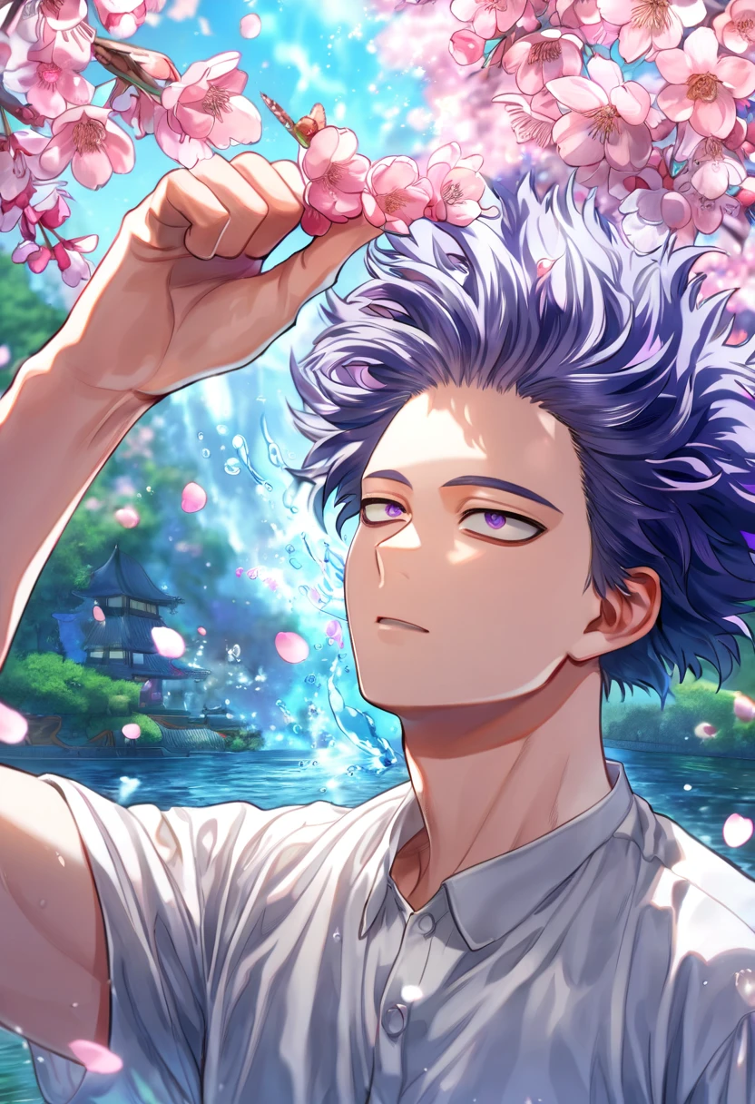 absurdres, highres, ultra detailed, HDR, master piece, Shinsou Hitoshi, messy indigo hair, no bangs, expressive purple eyes, Boku No Hero Academia, sexy man, handsome, best quality, blossoms, pink petals, pink flowers, water, fantasy, magical, blue shining fireflies, solo, white shirt,