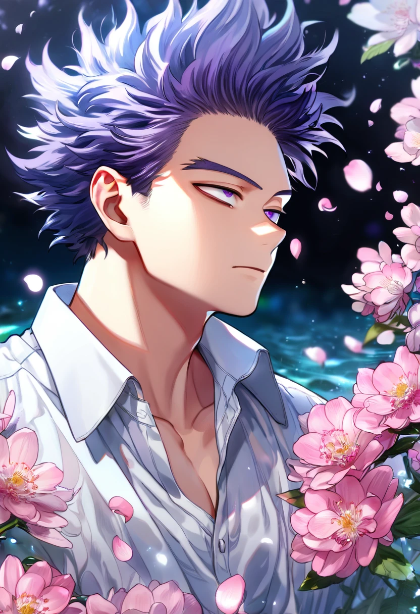 absurdres, highres, ultra detailed, HDR, master piece, Shinsou Hitoshi, messy indigo hair, no bangs, expressive purple eyes, Boku No Hero Academia, sexy man, handsome, best quality, blossoms, pink petals, pink flowers, water, fantasy, magical, blue shining fireflies, solo, white shirt,