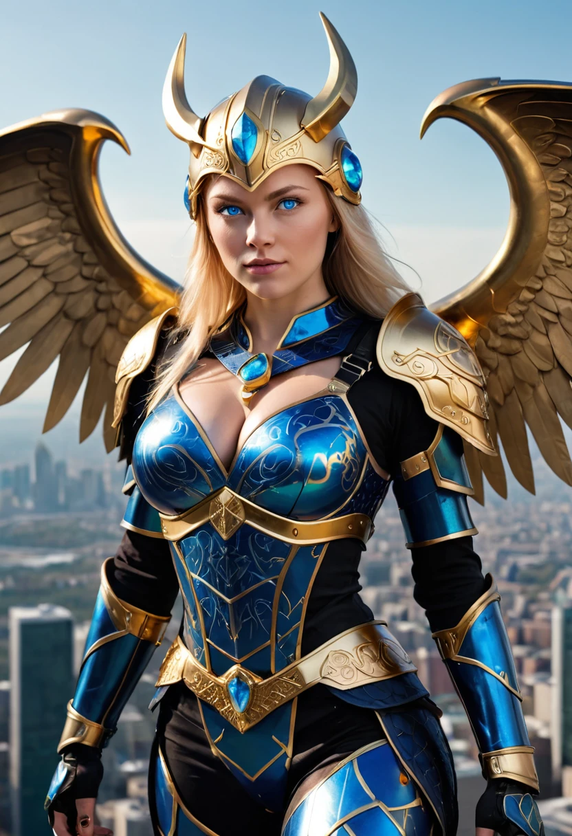 full body image of A blonde woman, (glowing blue eyes),  pretty face, full face flying over a city, hovering, pov from above. medium length straight hair over one shoulder. she wears shiny dark blue armor with gold trim (deep v-neck and  cleavage:1.3), large breasts, hex pattern on armor, intricate runes carved on armor, reflective surface, and a (Norse helmet with wings on the side covers her head:1.3), intricate details, armored glove, (left glove is gold with gemstones and runes). a stern expression on her face.  (highres:1.3) (4k,8k,best quality, masterpiece), full-body image, volumetric lighting, lens flare. Show her flying over a city, floating, pov from above. 