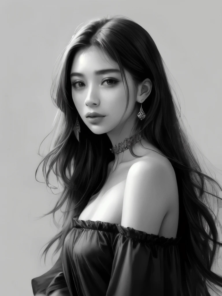 hanfeng, 1girl, greyscale, solo, monochrome, long hair, looking at viewer, parted lips, realistic, lips, bare shoulders, off shoulder, nose, simple background, white background,
best quality,high resolution,photo_\(medium\),photorealistic,realistic,finely detail,extremely detailed, 