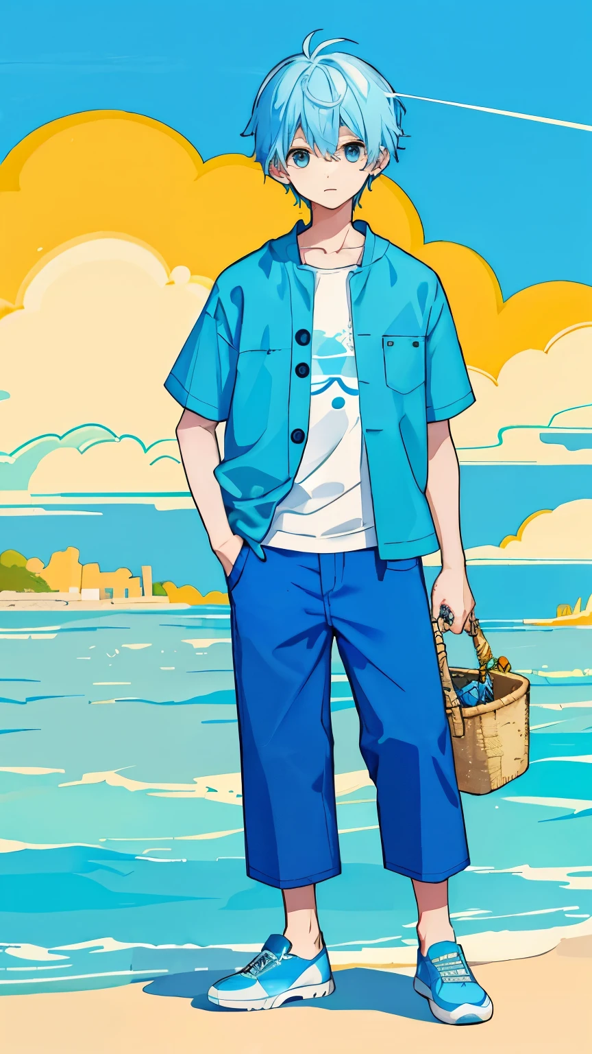 1 boy, light blue hair, cool summer clothes and pants, summer sea background