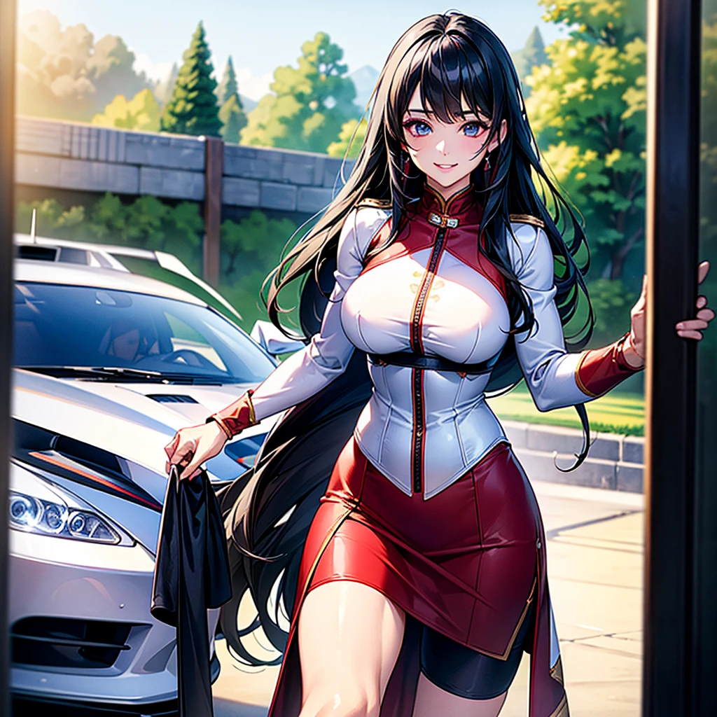 (masterpiece、Highest quality、High resolution、Highest quality、Realistic depiction)Created by older sister(whole body)、Long Black Hair、Beautiful Eyes、Race Queen Uniform、Clothes that accentuate the body lines、Tight Skirt、Big Breasts、valley、smile、 Sports car in the background(red)、Circuit