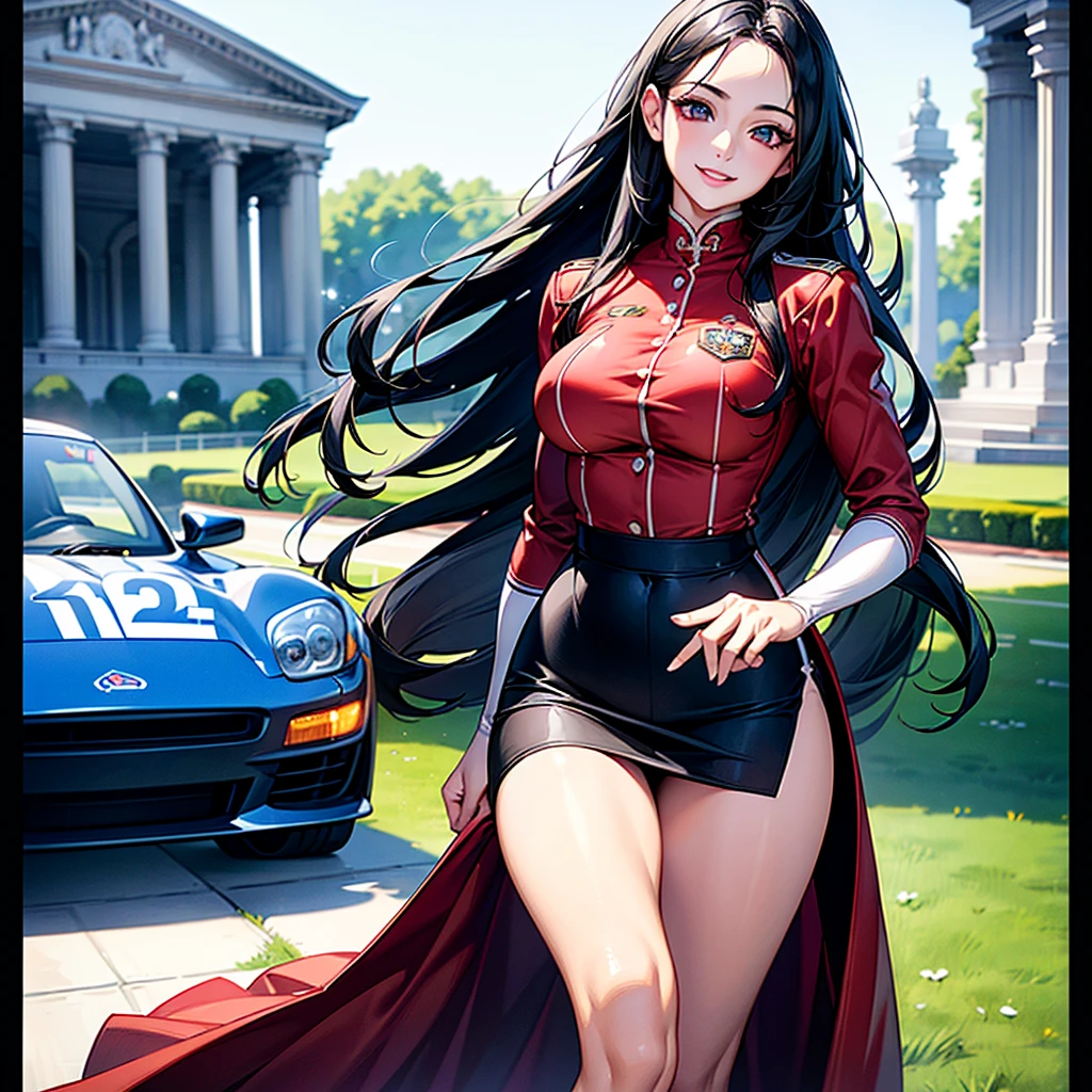 (masterpiece、Highest quality、High resolution、Highest quality、Realistic depiction)Created by older sister(whole body)、Long Black Hair、Beautiful Eyes、Race Queen Uniform、Clothes that accentuate the body lines、Tight Skirt、Big Breasts、valley、smile、 Sports car in the background(red)、Circuit